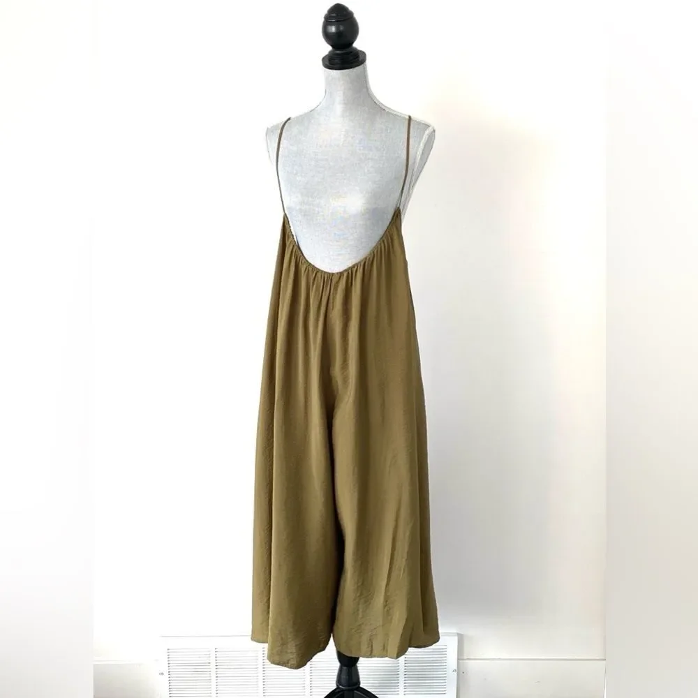 Akemi + Kin x Anthropologie Olive Green Maxi Wide-Leg Romper L Boho Chic Cottage